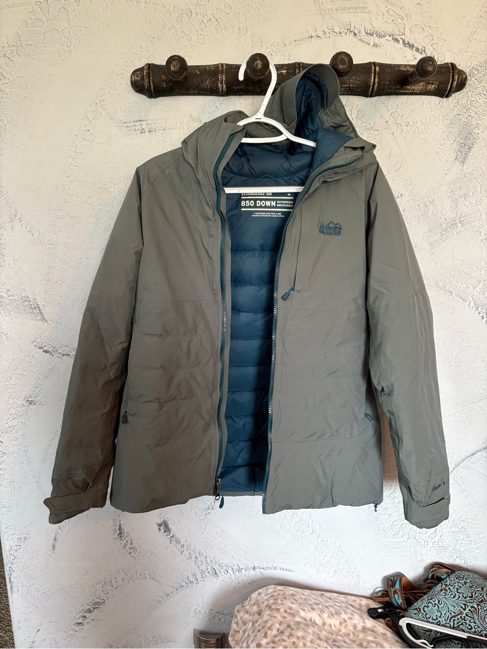 REI Men's Two-Tone Hooded Down Jacket in Grey and Navy